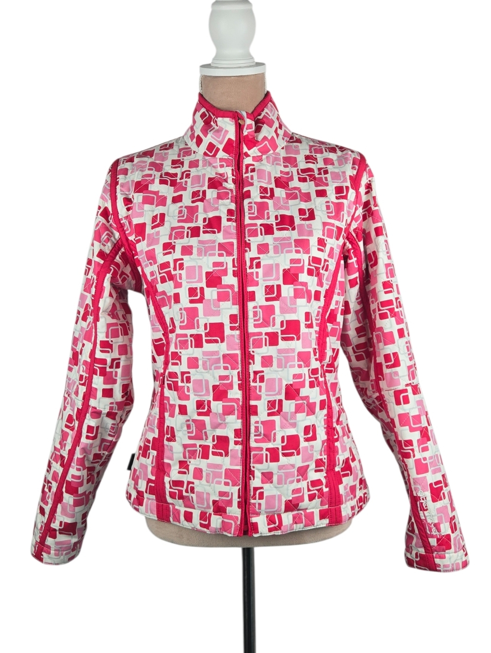 Y2K Obermeyer Quilted Zip-Up Jacket Pink Geometric Print Size 10